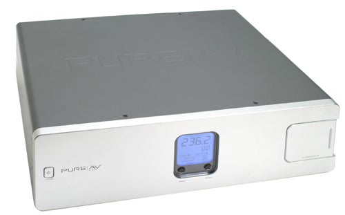 Belkin Pure AV Power Console PF240 with digital display showing voltage on a white background.