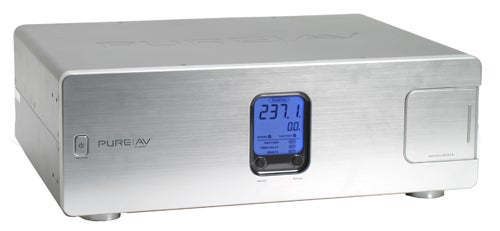 Belkin Pure AV Power Console PF240 with digital display showing 237.1 volts, resting on a white surface against a plain background.