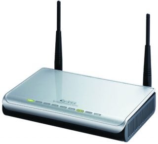 ZyXEL P-336M wireless router with two antennae and status indicator lights on the front panel.