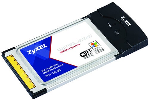 ZyXEL M-102 wireless card adapter with branding, Wi-Fi certification logo, and a black antenna.