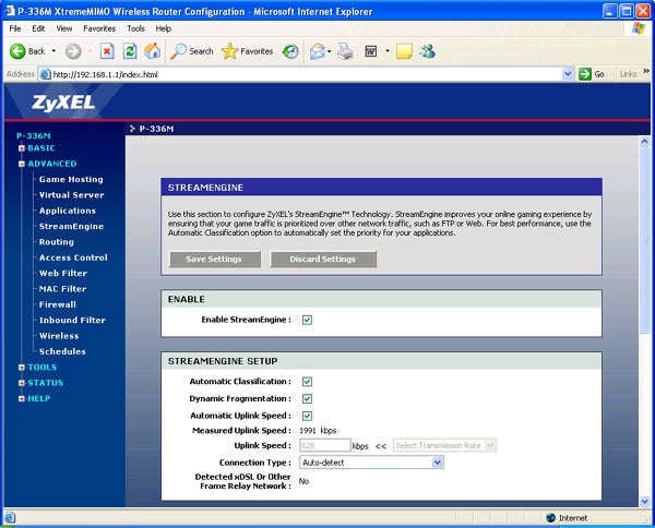 Screenshot of ZyXEL P-336M router configuration interface open in Internet Explorer showing StreamEngine settings for optimizing network traffic with options for automatic classification, dynamic fragmentation, uplink speed measurements, and connection type detection.