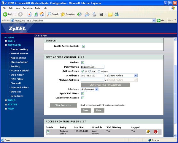 Screenshot showing the ZyXEL P-336M wireless router's configuration interface within Internet Explorer, with the access control rule settings visible for network administration.