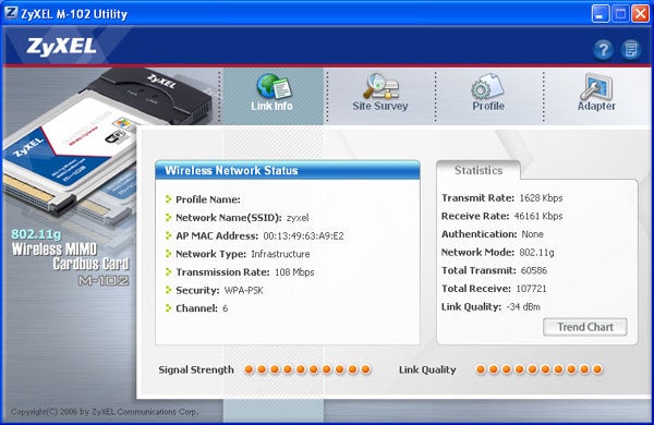 Screenshot of ZyXEL M-102 utility software interface showing wireless network status and statistics, with a ZyXEL wireless card image to the left and graphical indicators of signal and link quality at the bottom.