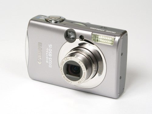 Canon Digital IXUS 850 IS compact digital camera on a white background showing the lens, flash, and branding details.