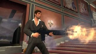 Screenshot of Scarface video game character shooting a gun.