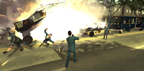 Explosive action scene from Scarface: The World is Yours game.