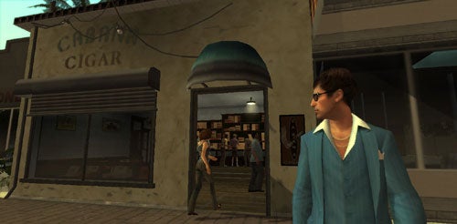 Screenshot of Scarface video game showing character outside a cigar shop.