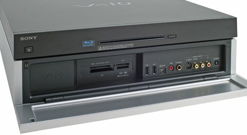 Sony Vaio VGX-XL202 Media Center PC featuring a Blu-ray drive, memory card slots, and various audio and video input connectors on the front panel.