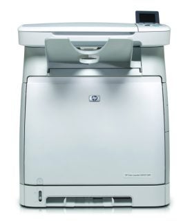 HP Color LaserJet CM1017 MFP multifunction printer with a flatbed scanner on top and a control panel with a small screen on the right side, set against a white background.