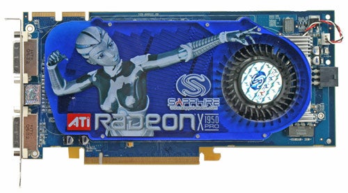 Sapphire X1950 Pro graphics card with a blue PCB and cooling fan, featuring ATI Radeon branding and an illustration of a female robot.