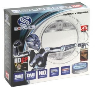Sapphire Radeon X1950 Pro graphics card retail box featuring product branding, female android mascot, and listed features such as 256MB memory, HDCP, DVI, and HD video support, with Windows Vista Ready certification.