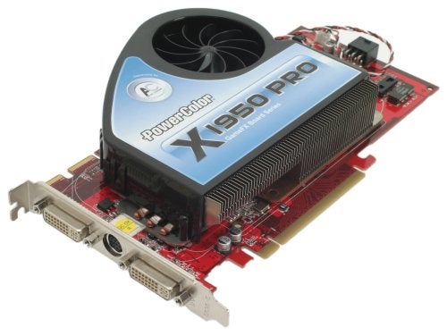 PowerColor X1950 Pro graphics card with a black and blue cooler, displayed against a white background.
