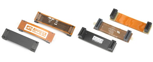 Five variously sized computer bridge connectors displayed in a row against a white background, including one labeled ATI CrossFire showing brand association with the Sapphire X1950 Pro graphics card.