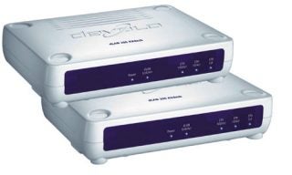 Devolo dLan 200 AVdesk Starter Kit with two white adapter units displaying status lights for power, dLAN link, and Ethernet connection.