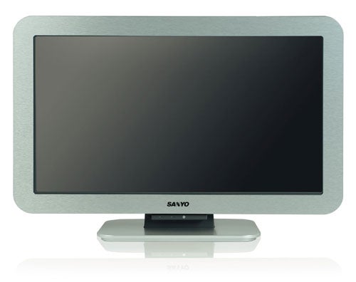 Sanyo CE-32LDY1 32-inch LCD TV with a silver frame on a matching stand, displaying a blank screen with the brand logo visible at the bottom center.