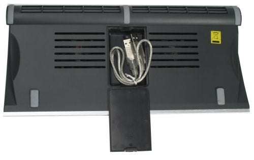Cooler Master NotePal P1 laptop cooling stand with a USB cable and a retractable clip for cable management, viewed from above.