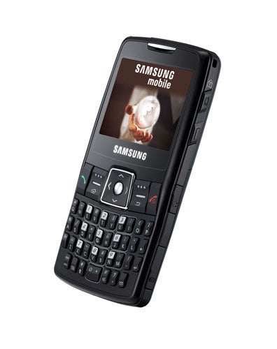 Samsung SGH-i320 smartphone displayed vertically with QWERTY keyboard and screen showing a clock wallpaper with Samsung logo.