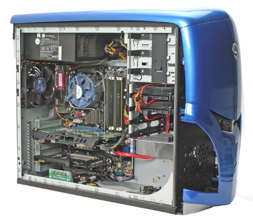Open Alienware P2 Area-51 7500 desktop computer case showing the internal components, including motherboard, RAM, and cooling system.