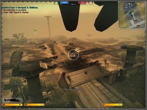 In-game screenshot from Battlefield 2142 showing a first-person view from inside a vehicle with a heads-up display, various on-screen statistics, and a desert battlefield scenario with multiple combatants and military vehicles.
