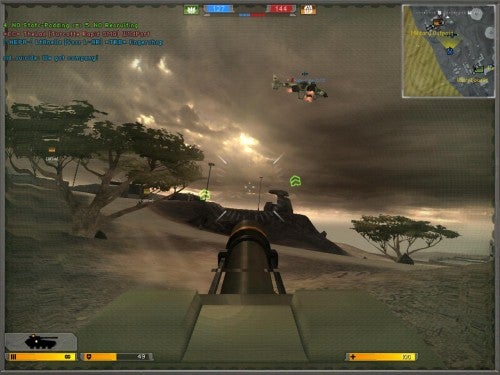In-game screenshot of Battlefield 2142 showing a first-person view from a vehicle's turret with a desolate battlefield landscape, explosions, and flying vehicles under a dramatic sky.