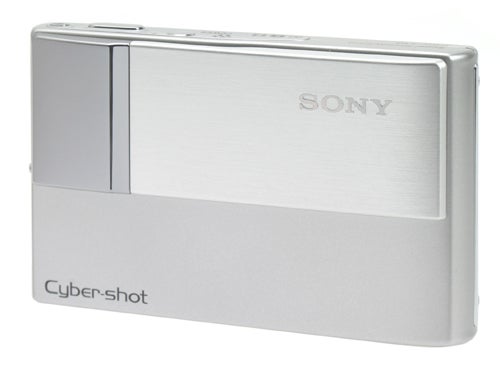 Silver Sony Cyber-shot DSC-T10 digital camera with lens cover closed displayed against a white background.