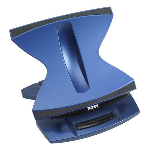 Blue Port Ergostation laptop stand with an integrated docking station, viewed from a side angle against a white background.