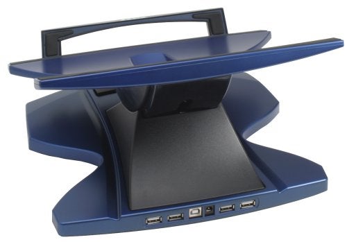 Blue and black Port Ergostation with adjustable angle and multiple USB ports on the front.