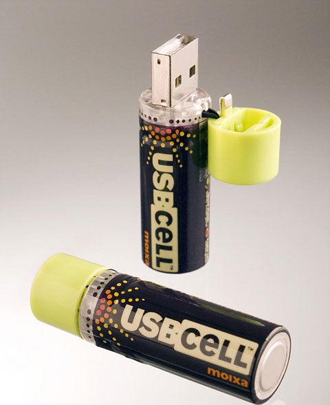 Two Moixa USBCell AA batteries with one battery cap off to reveal the USB connector for charging.