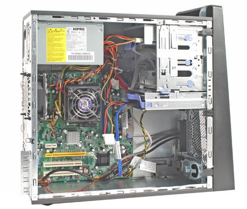 Interior view of an open Lenovo IBM ThinkCentre A60 8700 desktop computer, showing the motherboard, CPU, power supply, and various cables and connectors.
