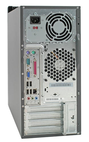Rear view of a Lenovo IBM ThinkCentre A60 8700 desktop computer showing the power supply, multiple I/O ports including USB, Ethernet, parallel port, serial port, audio jacks, and expansion slot cover plates.