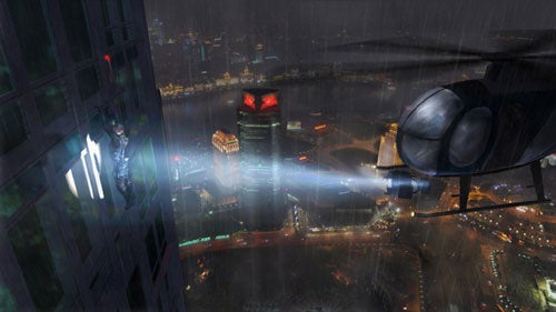 In-game screenshot from Splinter Cell: Double Agent showing a character rappelling down the side of a skyscraper at night with a helicopter shining a spotlight nearby.