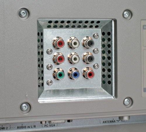 Close-up view of the connection panel on the back of a Philips Cineos 37PF9731D 37-inch LCD TV, showing various audio and video input ports.