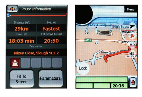 A split image showing two views of a Mio DigiWalker P550 Navigation PDA: on the left, the screen displays 'Route Information' with details such as distance left, time left, estimated arrival, and destination address; on the right, a map view with a marked route, zoom controls, and a 'Lock' button.