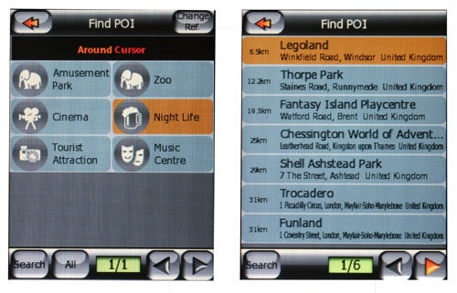 Two screenshots of the Mio DigiWalker P550 Navigation PDA interface showing the points of interest (POI) search feature with different categories such as Amusement Park, Zoo, Cinema, Night Life, and Music Centre on the left, and detailed POI results including Legoland and Thorpe Park on the right.