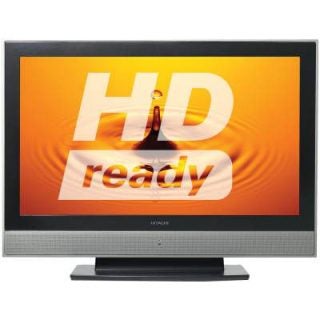 Hitachi 37LD8600 37-inch LCD TV displaying HD ready logo on screen with a grey bezel and tabletop stand.