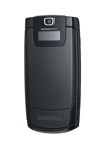 Samsung SGH-D830 mobile phone closed, showing external display and camera with 2.0 megapixels label.