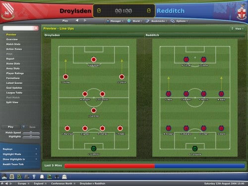 Screenshot of the Football Manager 2007 game interface showing the 'Preview - Line Ups' screen with formations for teams Droylsden and Redditch before a match.