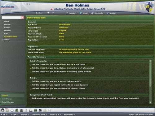 Screenshot of the Football Manager 2007 game interface showing a player's profile for a character named Ben Holmes, with statistics and management options available for the player.