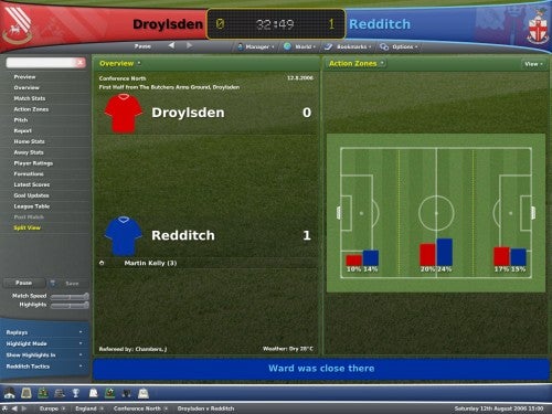 Screenshot from the video game Football Manager 2007 showing an in-game match between Droylsden and Redditch with a score of 0-1, various game menu options, and a graphical representation of match stats.