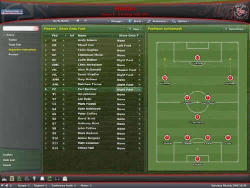 Screenshot from the video game Football Manager 2007 showing the team management interface with player list and tactical formation on the field.