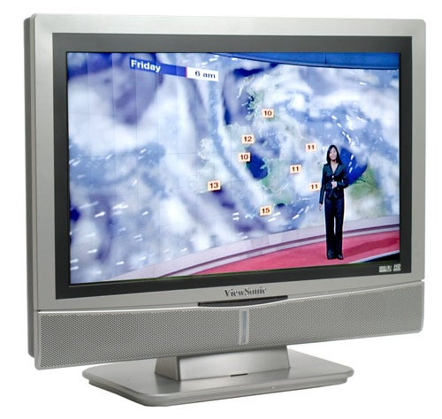 ViewSonic N2060w 20-inch LCD TV displaying a weather forecast with a presenter on the screen, featuring silver bezel and matching stand.