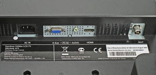 Rear connectivity panel of a ViewSonic N2060w 20-inch LCD TV showing AC IN, D-sub, PC/HDMI AUDIO, HDMI, and ANT ports with product label and serial number.