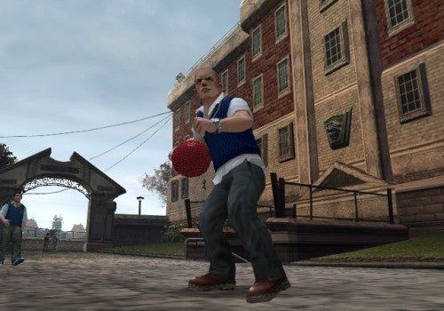 Screenshot from the video game Canis Canem Edit showing a character holding a red kickball on a school campus with students and buildings in the background.