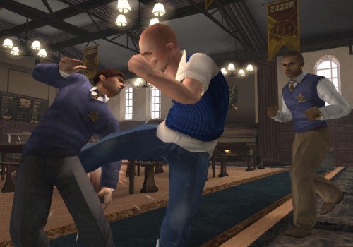 Three animated characters in a school setting from the video game Canis Canem Edit, with one character performing a high kick on another while a third character observes from a distance.