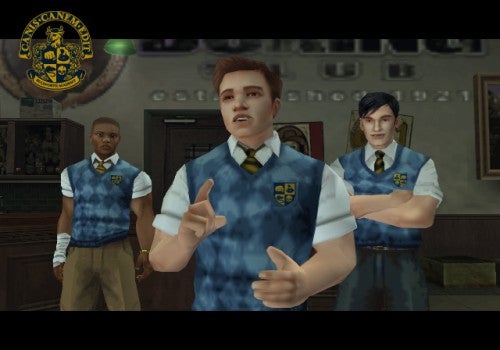 Three characters from the video game Canis Canem Edit (also known as Bully) standing in a school setting, wearing school uniforms with blue argyle sweater vests and the school crest, engaging with each other.