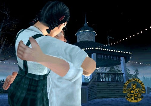 Two characters from the video game Canis Canem Edit embracing in front of a snow-covered gazebo with string lights and the game's logo in the corner.