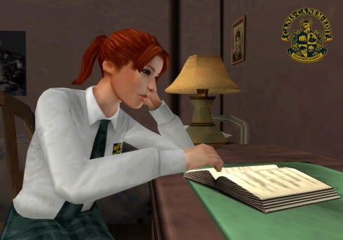 A screenshot from the video game Canis Canem Edit featuring a female character with red hair wearing a school uniform, sitting at a table with an open book, restfully leaning her cheek on her hand.