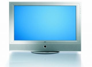 Loewe Modus L 42 42-inch plasma TV with silver frame and stand on a white background displaying a blank blue screen.