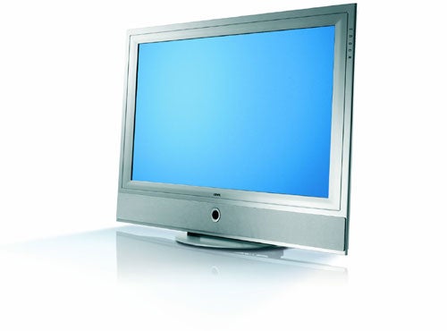 Loewe Modus L 42 inch Plasma TV with a sleek silver frame, centered on a white background, displaying a blue screen.