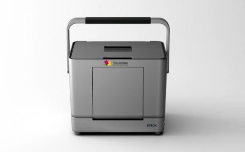 Epson PictureMate 280 Photo Printer on a white background with a closed paper output tray and carrying handle on top.